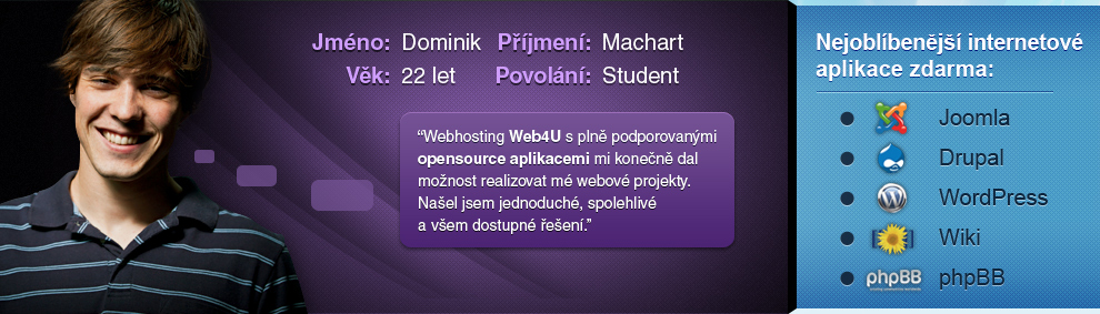 Nejoblíbenější internetové open source aplikace na webhostingu Web4u zdarma - Joomla, Drupal, WordPress, phpBB, Wiki